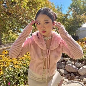 SHEIN Blush Ribbed Sweater with Faux Fur Trim